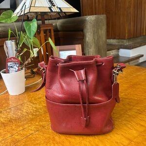 Elegant Red Leather Coach Bucket Bag